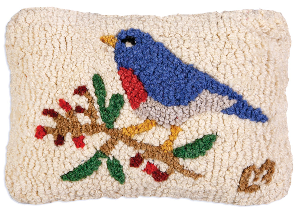 Bluebird and Berries - Hooked Wool Pillow