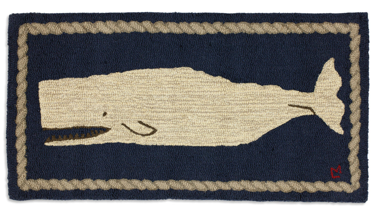 White Whale on Blue - Hooked Wool Rug