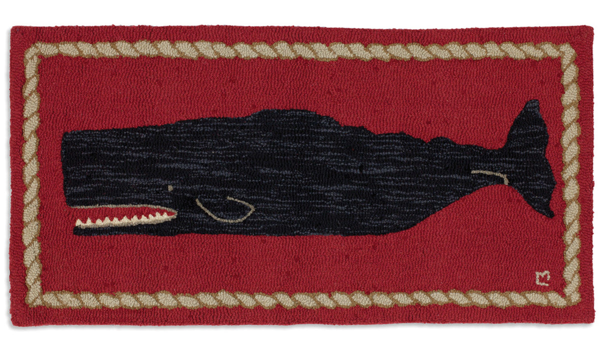 Black Whale on Red - Hooked Wool Rug