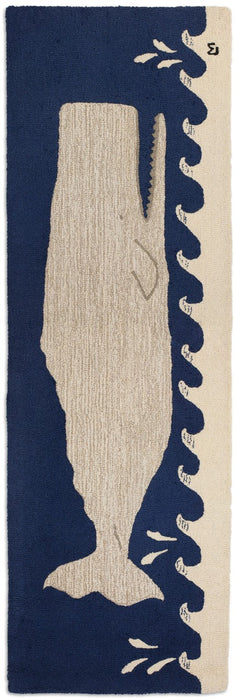 Great White Whale on Navy  - Hooked Wool Rug
