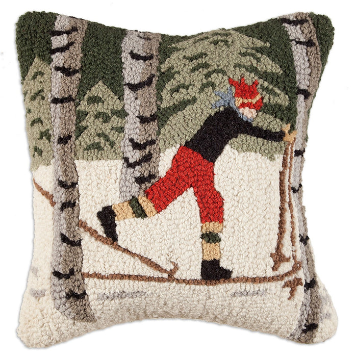 Back Country Skier in Woods - Hooked Wool Pillow