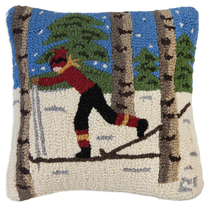 Back Country Skier Dusk - Hooked Wool Pillow
