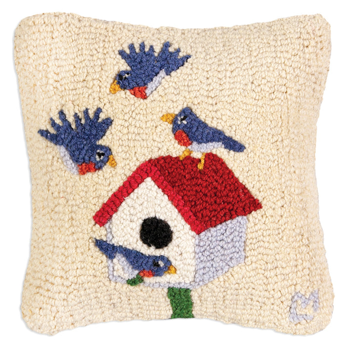 Birdhouse With Bluebirds - Hooked Wool Pillow