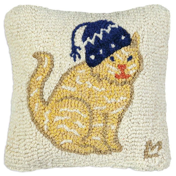 Cat with a Hat - Hooked Wool Pillow