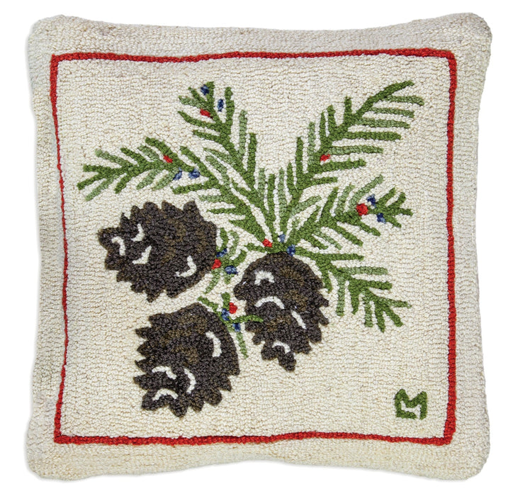 Cones and Berries - Hooked Wool Pillow