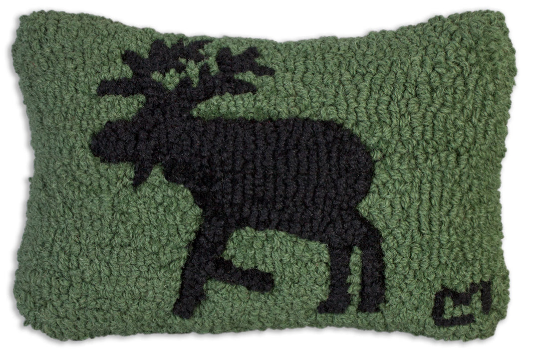 Moose On The Move On Green - Hooked Wool Pillow