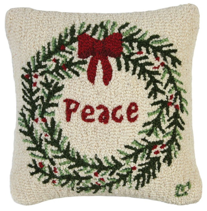 Peace Wreath - Hooked Wool Pillow