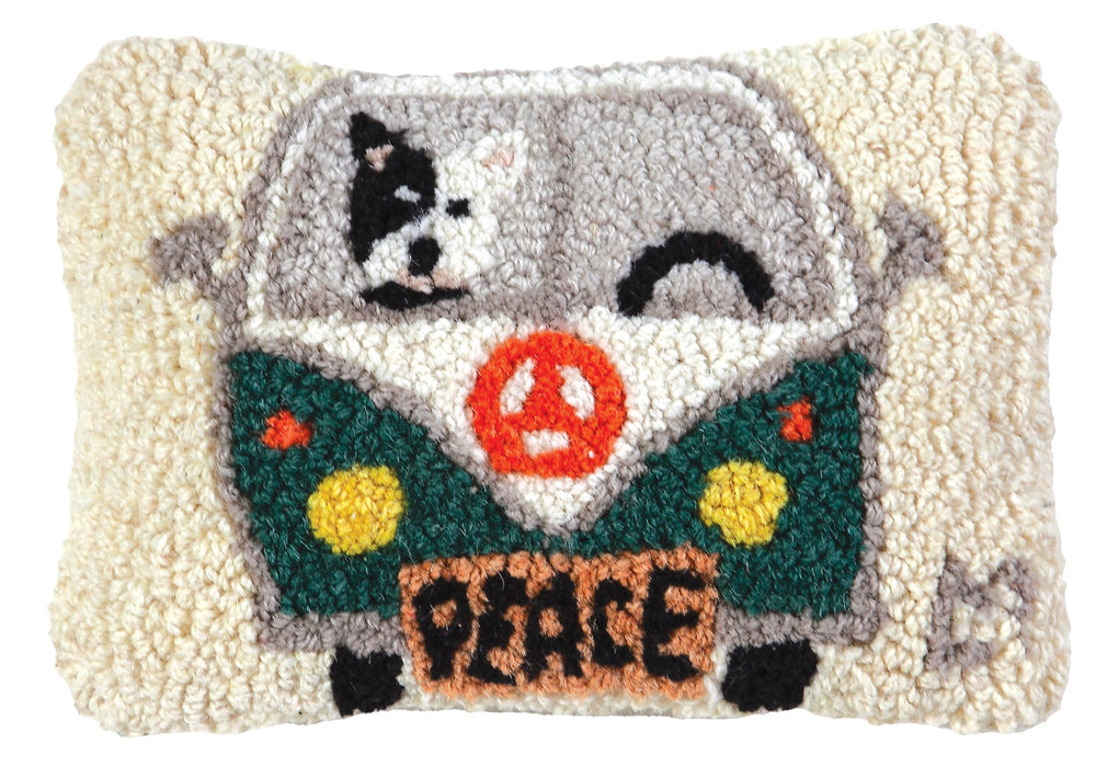 VW Peace Bus - Hooked Wool Pillow