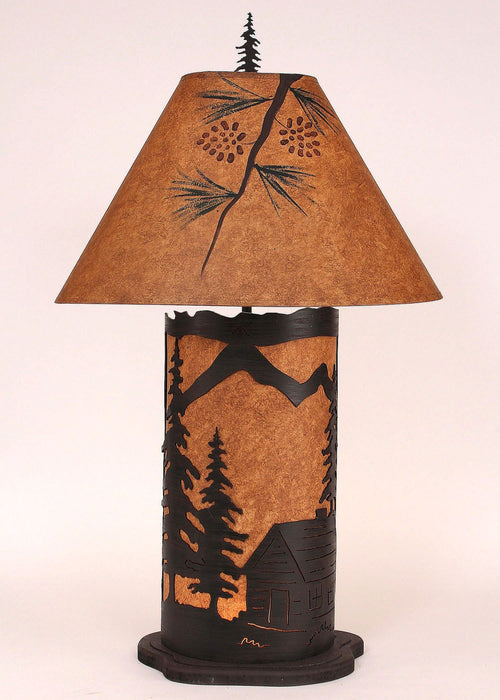 Large Cabin Scene Night Table Lamp in Rustic Brown