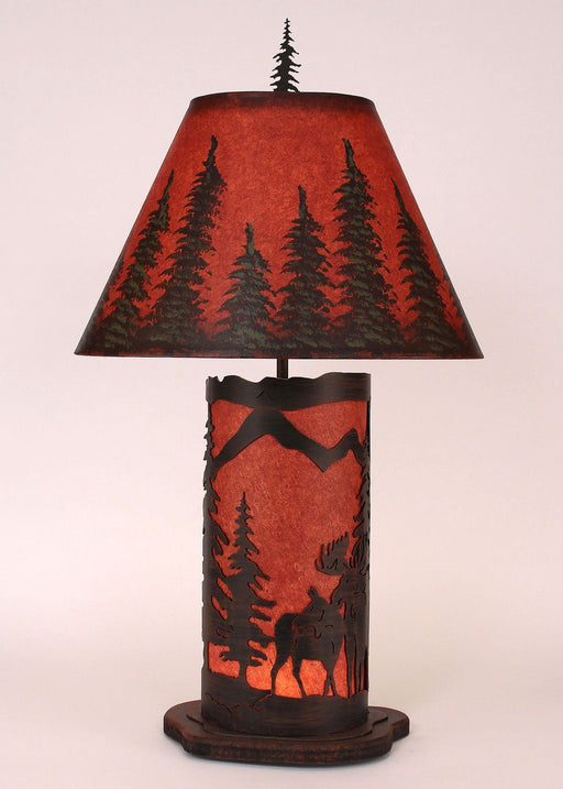 Small Moose Scene Paneled Table Lamp in Rustic Red