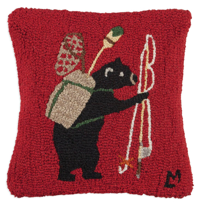 Bear Essentials on Red - Hooked Wool Pillow