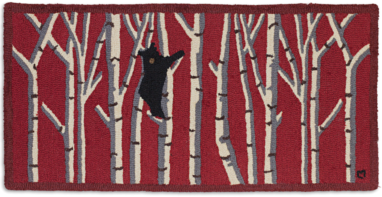 Bear in Birches on Red - Hooked Wool Rug