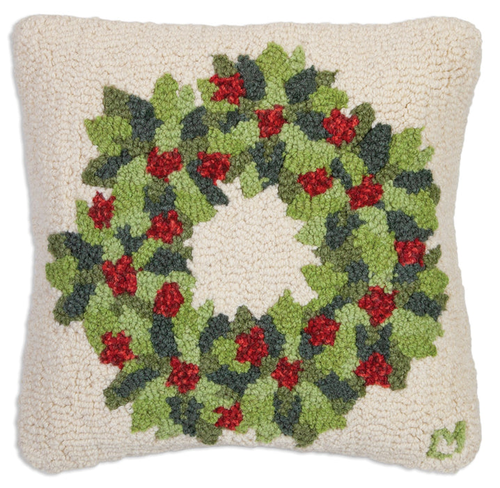 Berries and Leaves Wreath - Hooked Wool Pillow