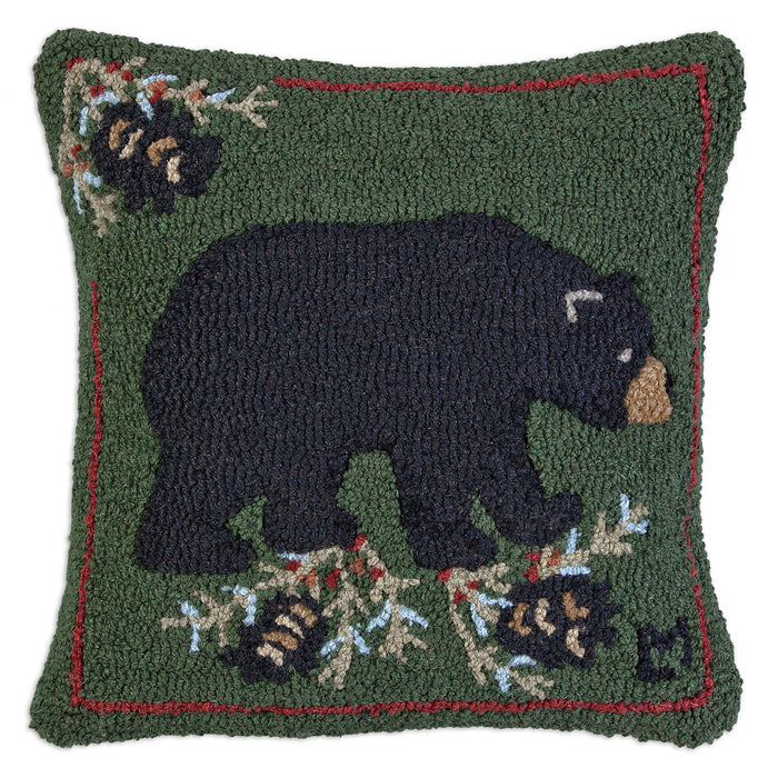 Black Bear with Cones  - Hooked Wool Pillow