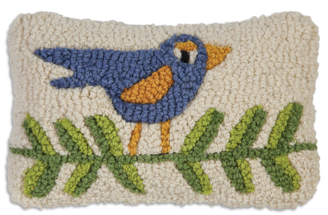 Blue Bird On Branch - Hooked Wool Pillow