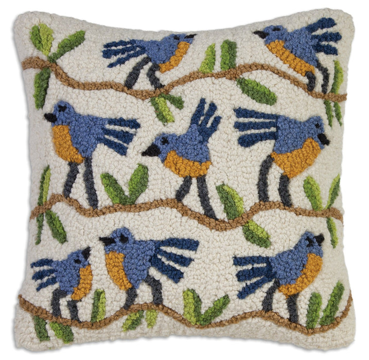 Blue Birds on White  - Hooked Wool Pillow