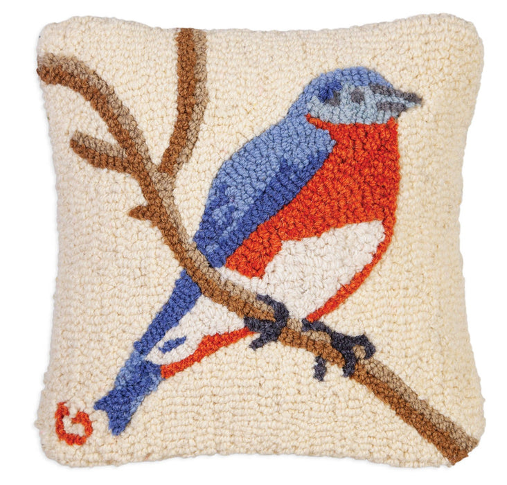 Bluebird on White - Hooked Wool Pillow