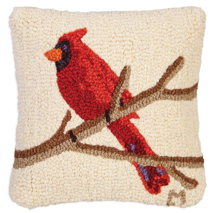 Cardinal on White - Hooked Wool Pillow
