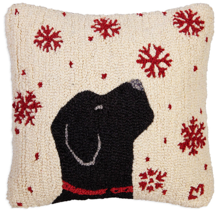 Catching Flakes Black Lab - Hooked Wool Pillow