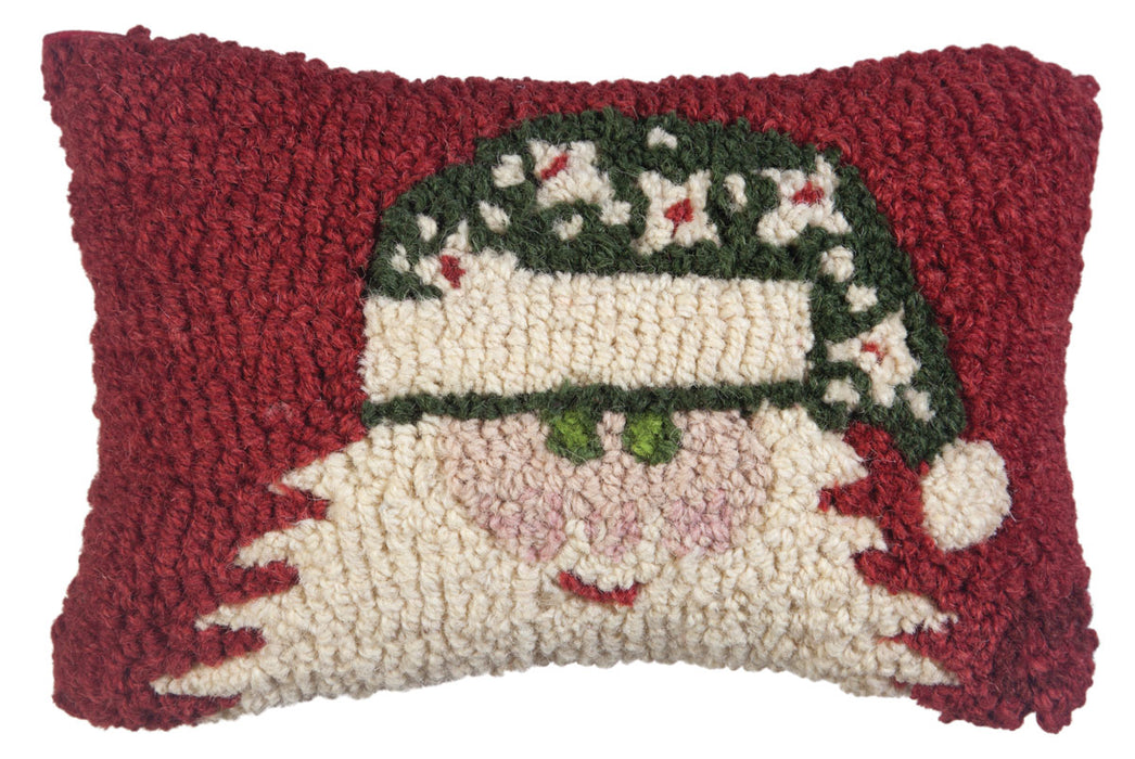 Green Hat Santa - Hooked Wool Pillow