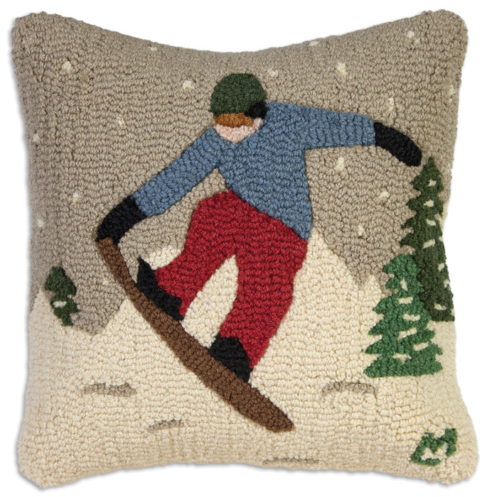 Look Ma Snowboarder  - Hooked Wool Pillow
