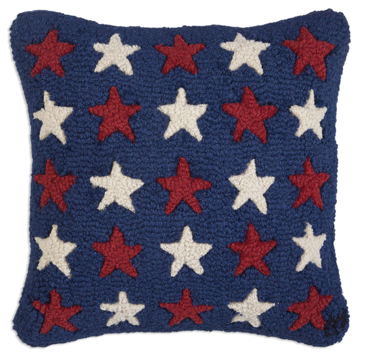 Many Stars Red and White on Blue  - Hooked Wool Pillow