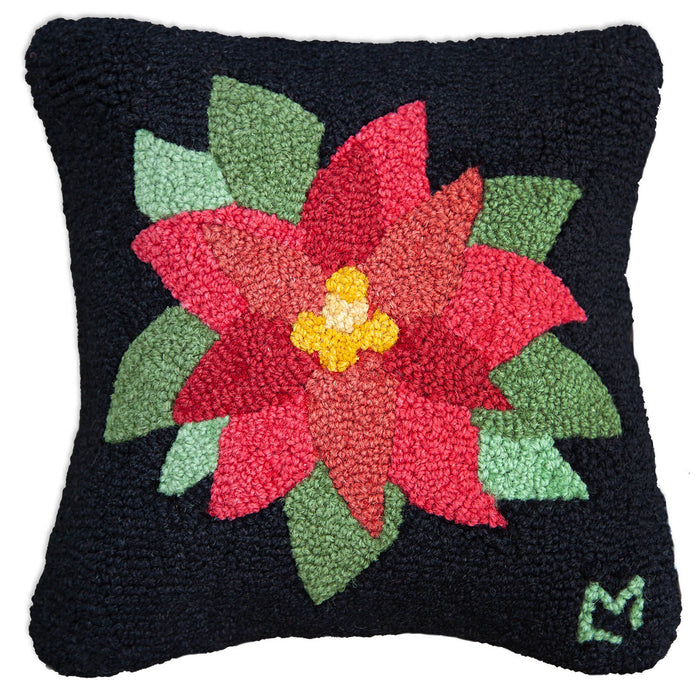 Poinsettia on Black - Hooked Wool Pillow