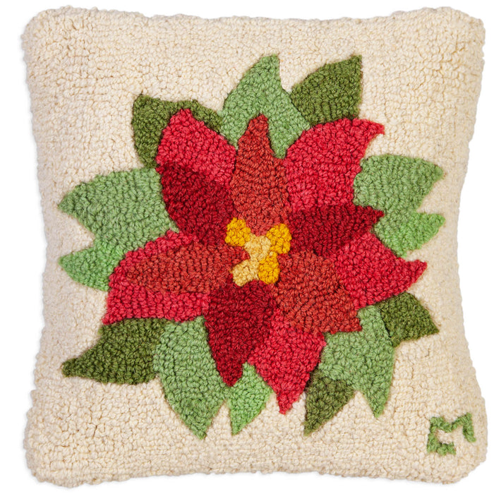 Poinsettia on Soft White - Hooked Wool Pillow
