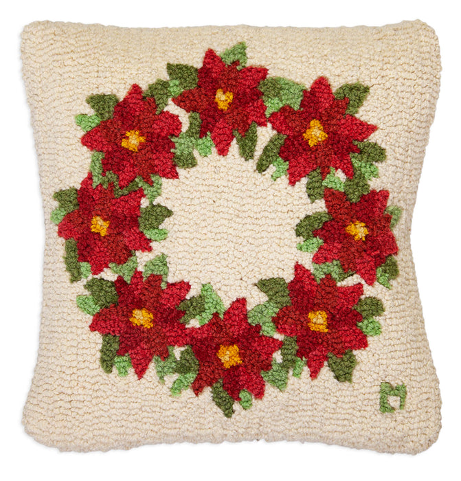 Poinsettia Wreath - Hooked Wool Pillow