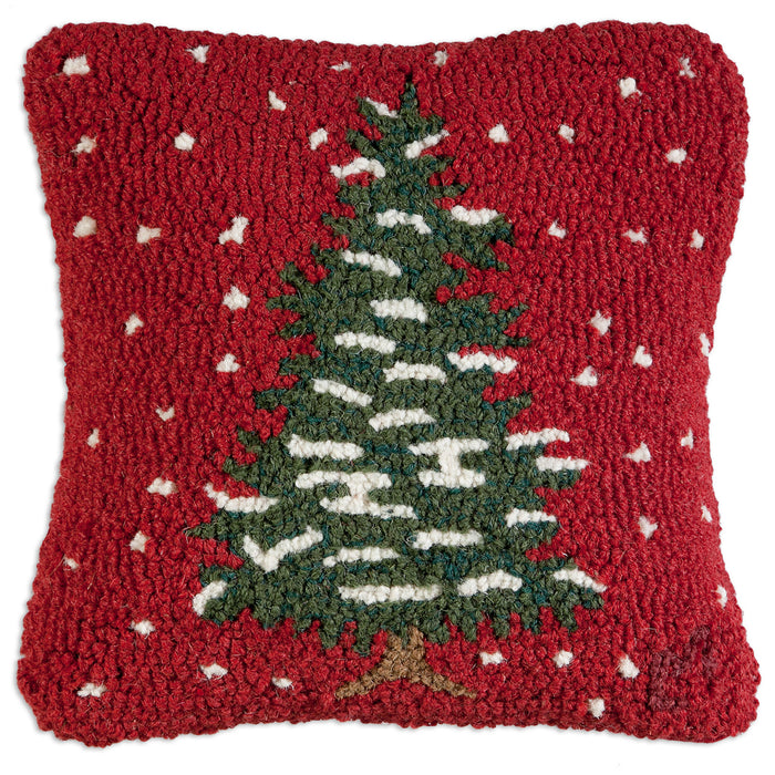 Red Flurries Tree - Hooked Wool Pillow