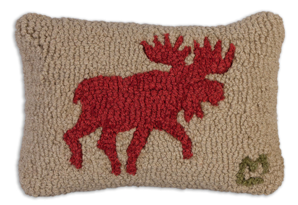 Red Running Moose - Hooked Wool Pillow