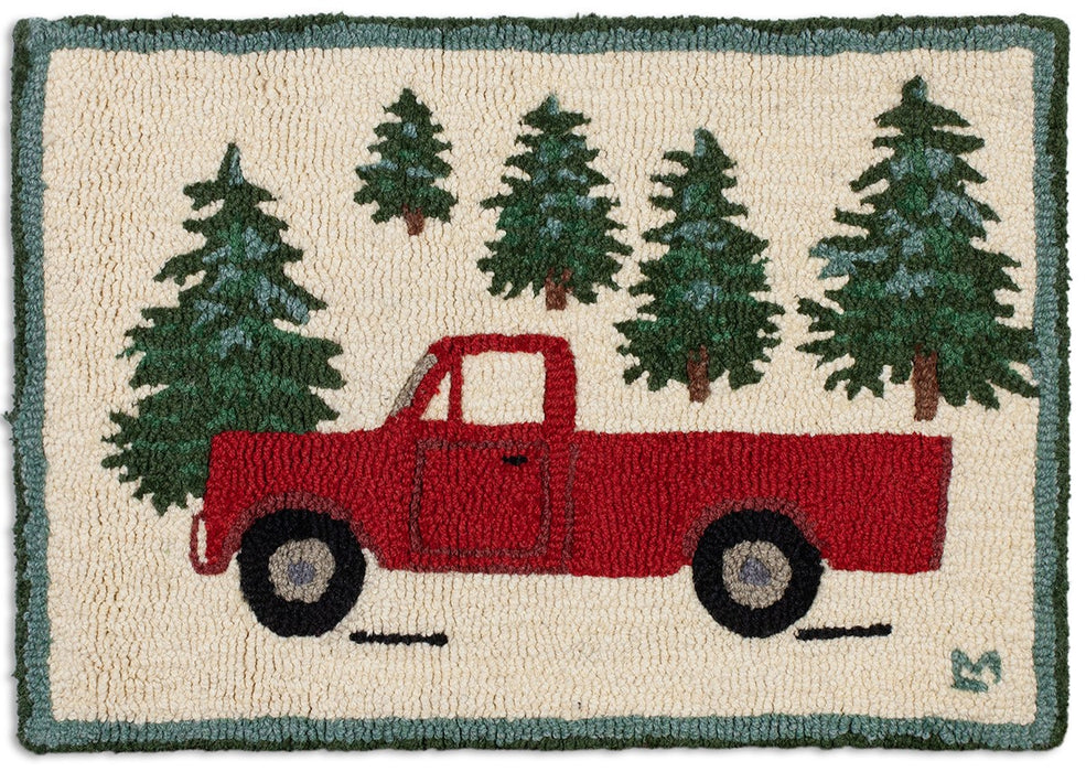 Red Truck in Forest  - Hooked Wool Rug