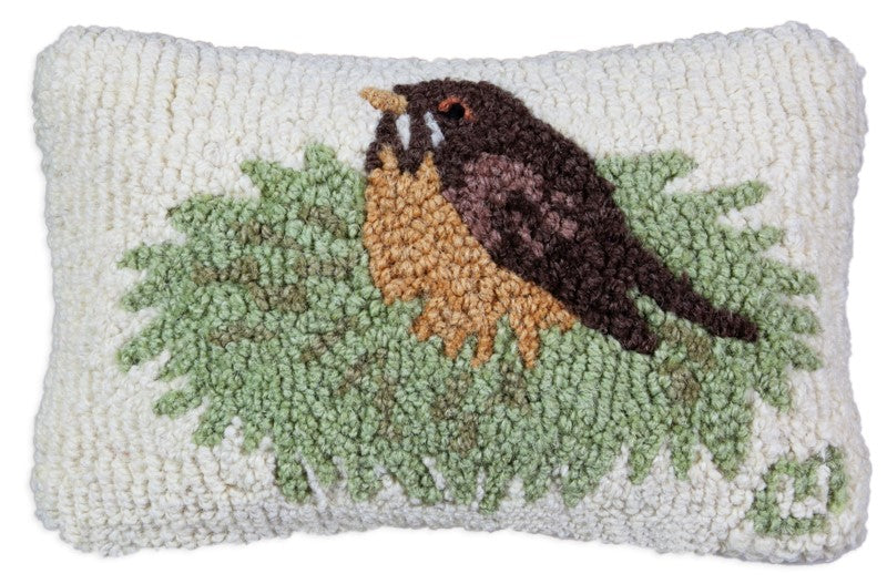 Robin in Nest - Hooked Wool Pillow
