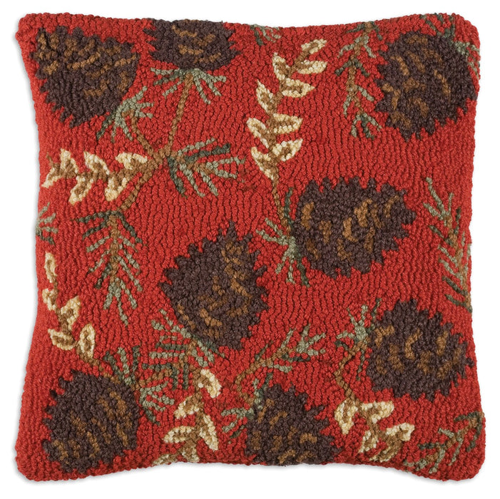 Ruby Pinecones  - Hooked Wool Pillow