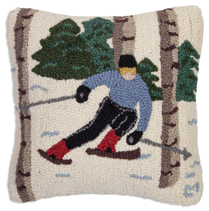 Skiing in the Trees - Hooked Wool Pillow