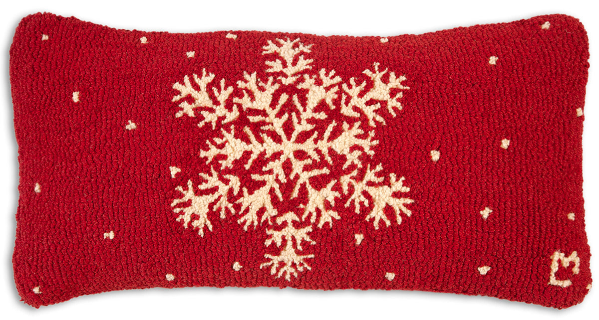 Snowflake on Red  - Hooked Wool Pillow
