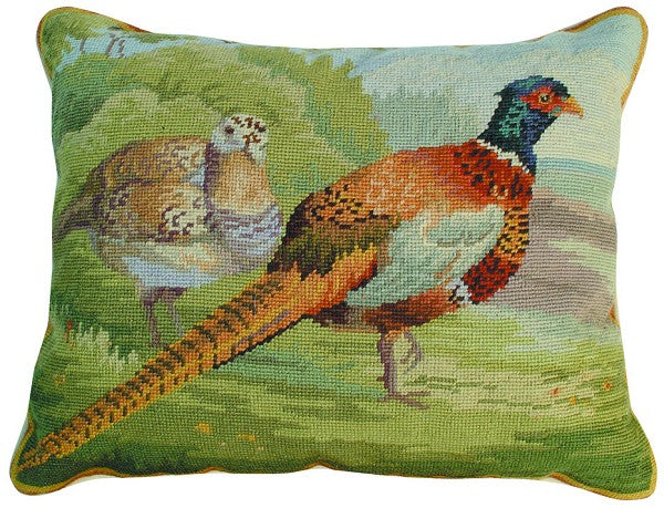 pheasant in the field needlepoint pillow