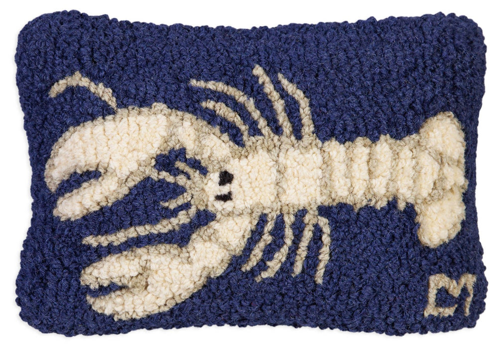 White Lobster on Navy - Hooked Wool Pillow