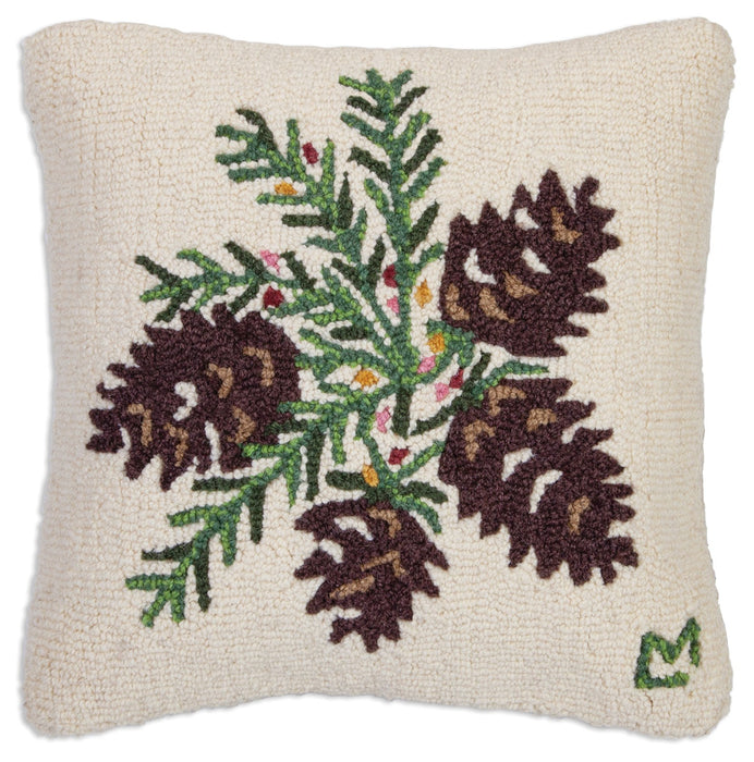 Winterberry Cones - Hooked Wool Pillow